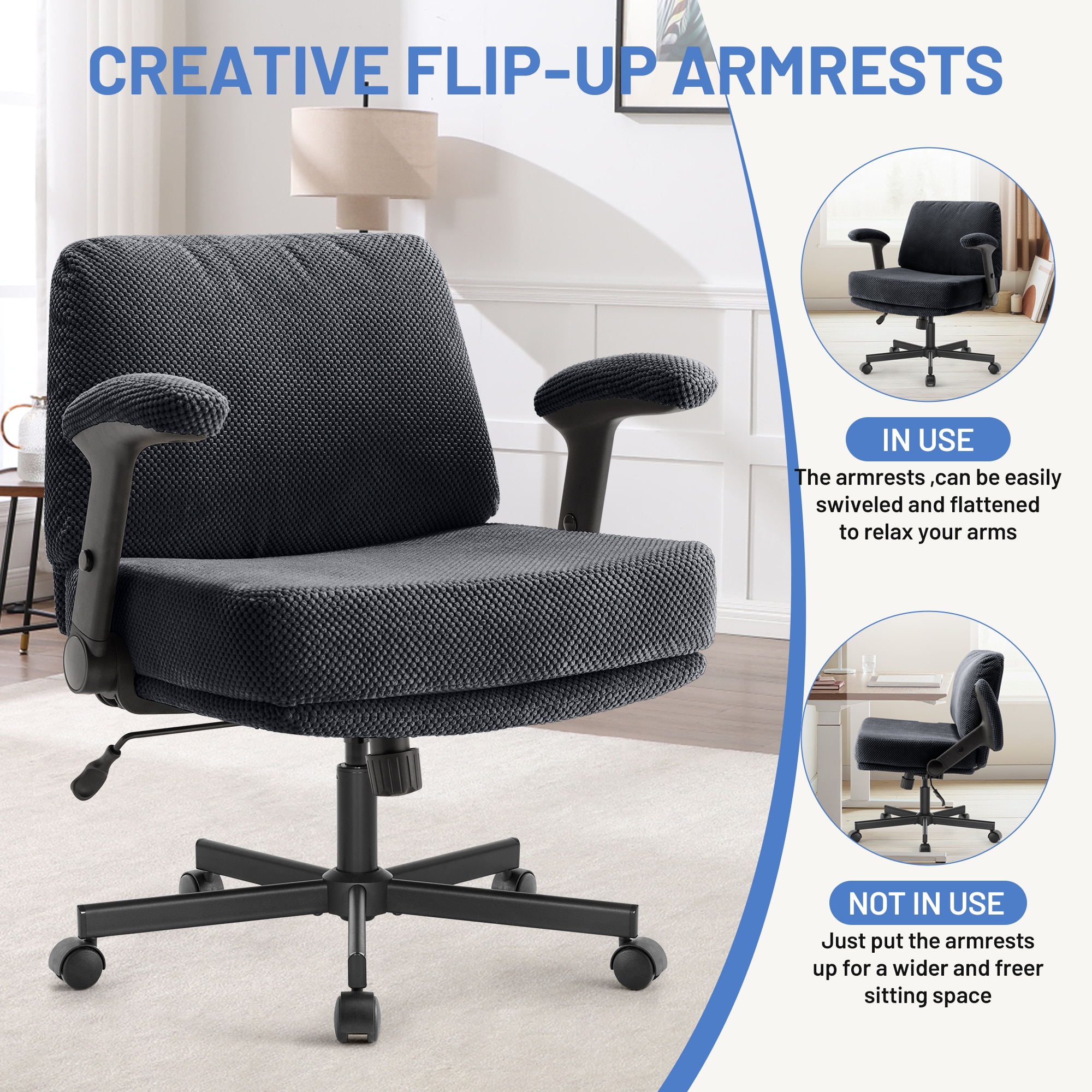 Criss Cross Chair With Wheels And Flip Arms- Comfy Fabric Cross Legged Office Chair With Thick Cushion&Wide Seat, Adjustable Swivel Desk Chair For Home Office, Apartment, Bedroom_voghion.com